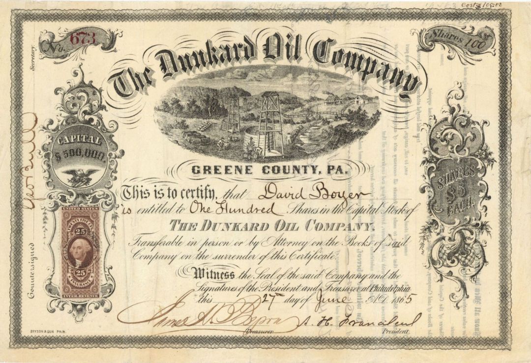 Dunkard Oil Co. - 1865 dated Stock Certificate