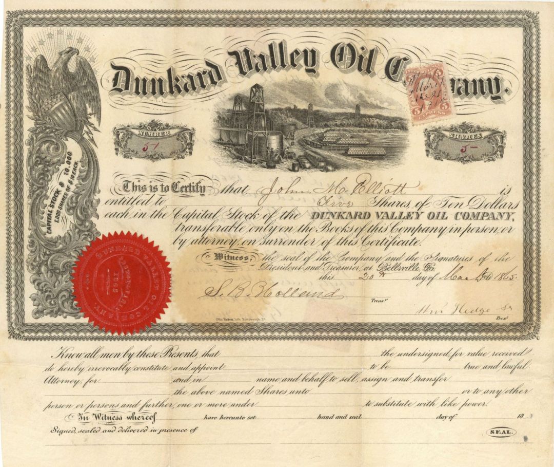 Dunkard Valley Oil Co. - 1865 dated Stock Certificate