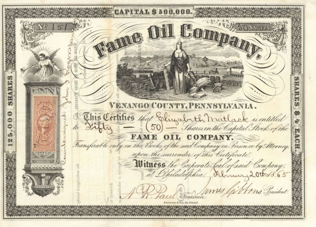 Fame Oil Co. - 1865 dated Stock Certificate