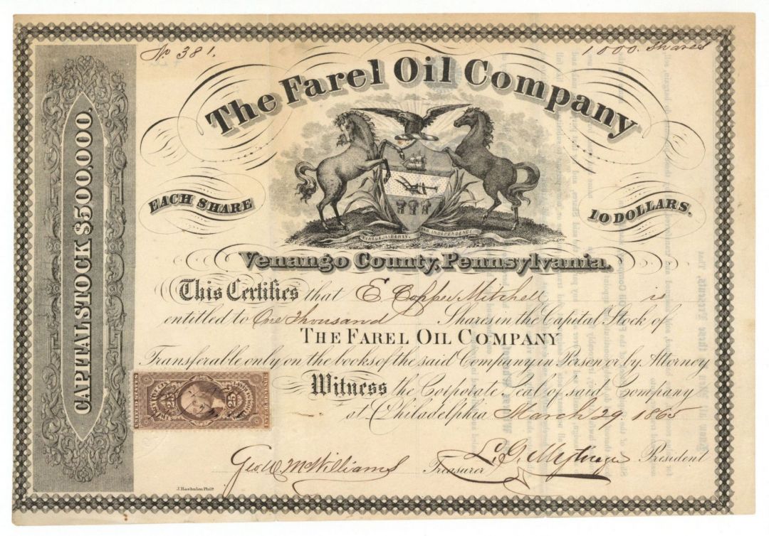 Farel Oil Co. - 1865 dated Stock Certificate