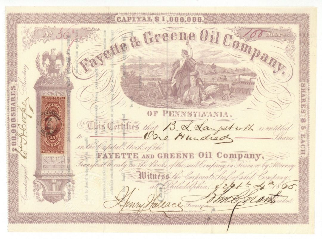 Fayette and Greene Oil Co. of Pennsylvania - 1865 dated Stock Certificate