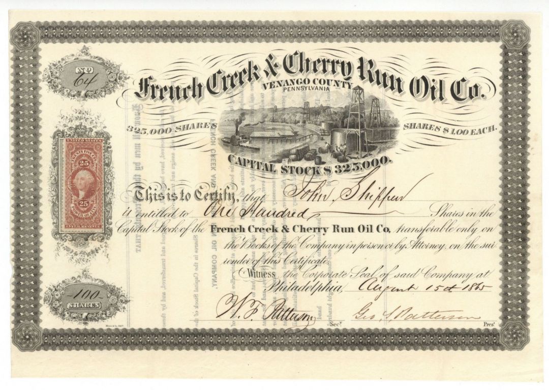 French Creek and Cherry Run Oil Co. - 1865 dated Stock Certificate