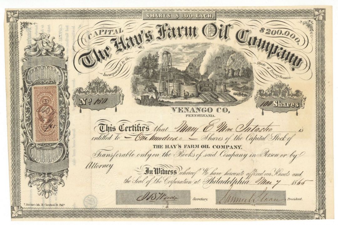 Hay's Farm Oil Co. - 1865 dated Stock Certificate