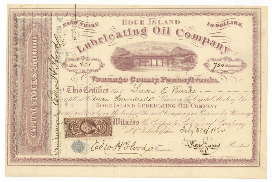 Hoge Island Lubricating Oil Co. - 1865 dated Stock Certificate