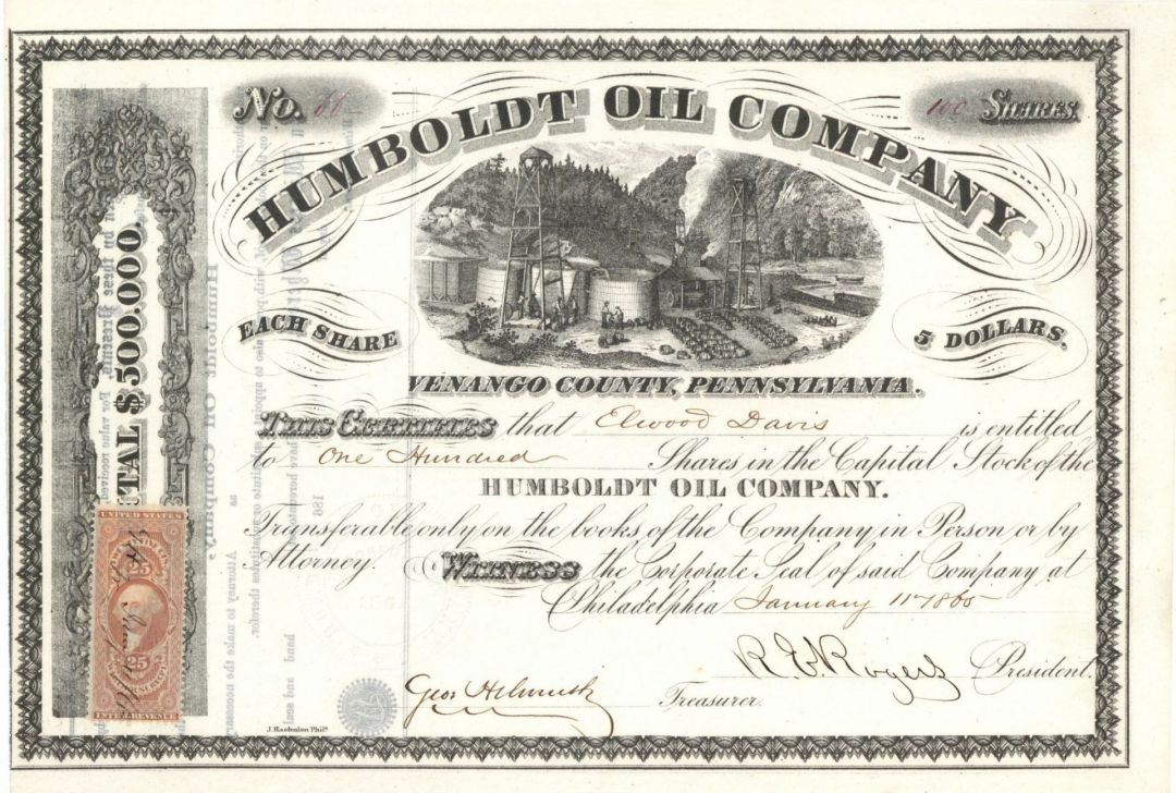 Humboldt Oil Co. - 1865 dated Stock Certificate