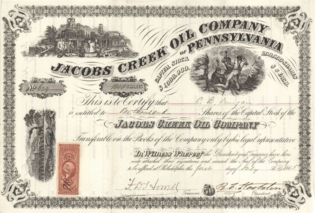 Jacobs Creek Oil Co. of Pennsylvania - 1865 dated Stock Certificate