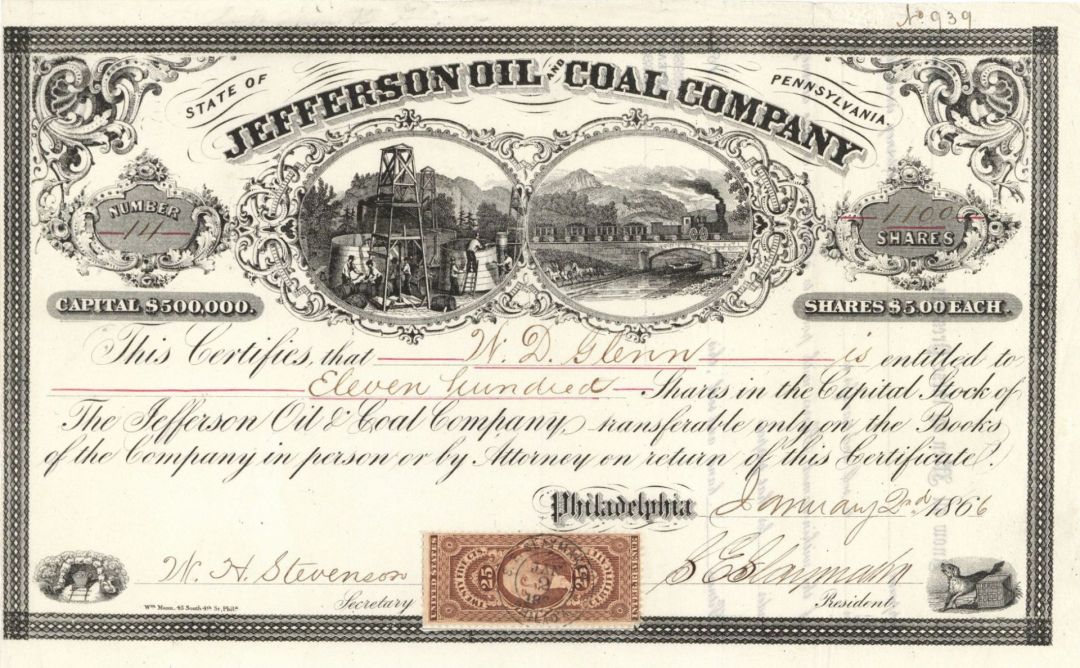 Jefferson Oil and Coal Co. - 1866 dated Stock Certificate