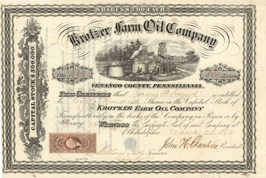 Krotzer Farm Oil Co. - 1865 dated Stock Certificate