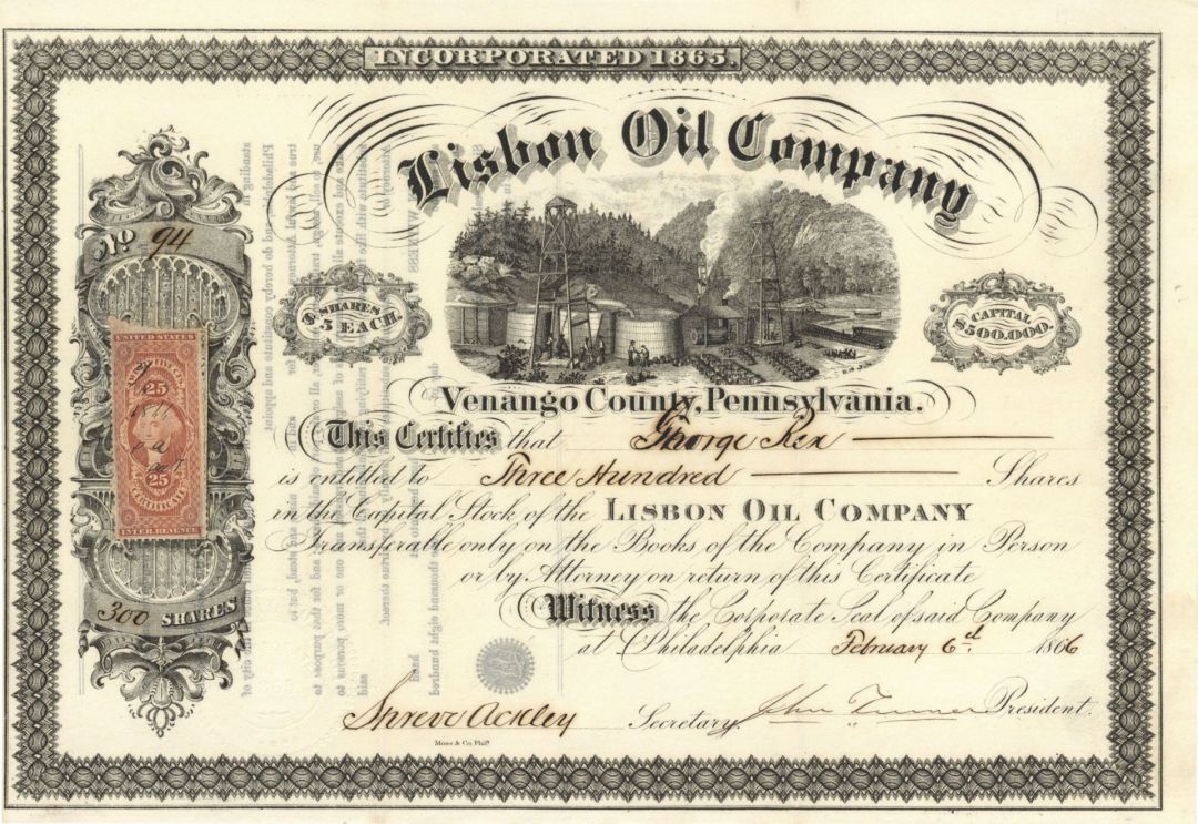 Lisbon Oil Co. - 1866 dated Stock Certificate