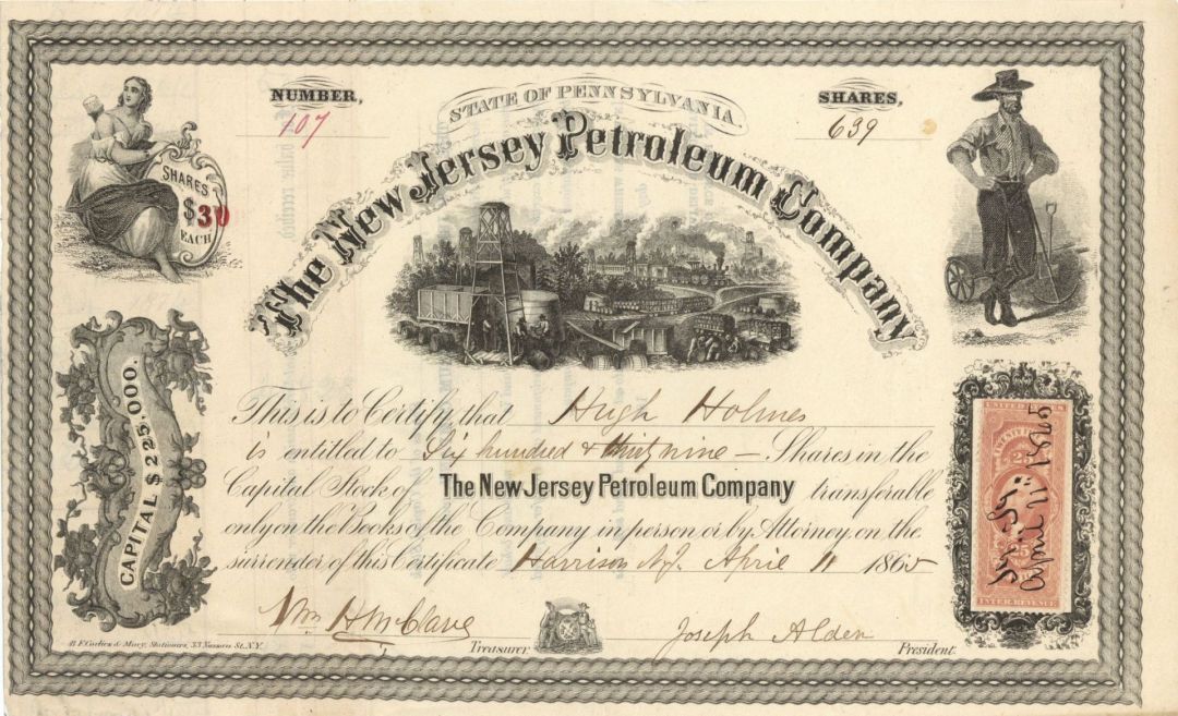 New Jersey Petroleum Co. - 1865 dated Stock Certificate