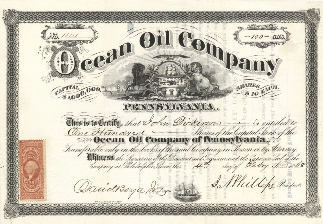 Ocean Oil Co. - 1868 dated Stock Certificate