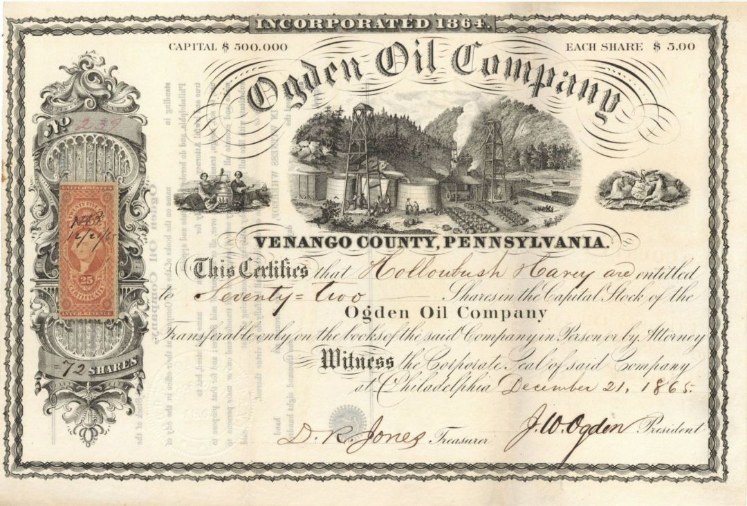 Ogden Oil Co. - 1865 dated Stock Certificate