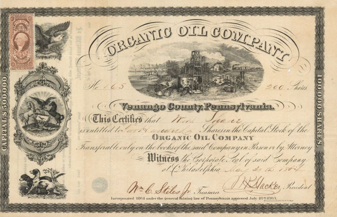 Organic Oil Co. - 1864 dated Stock Certificate