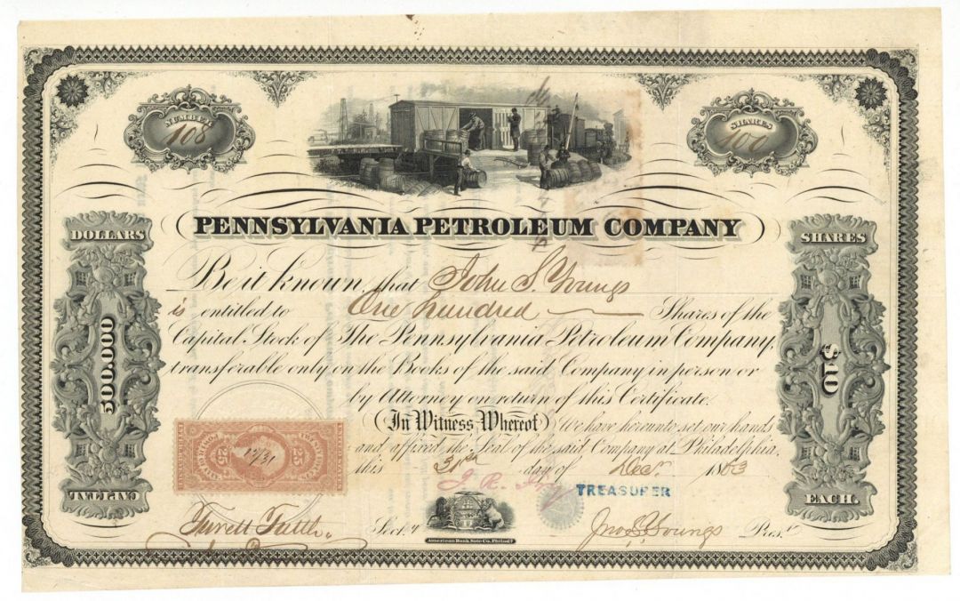 Pennsylvania Petroleum Co. - 1863 dated Stock Certificate