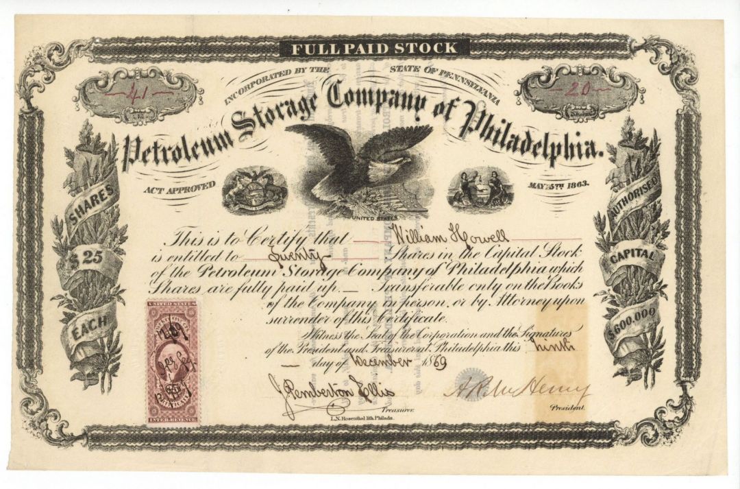 Petroleum Storage Company of Philadelphia - 1869 dated Stock Certificate