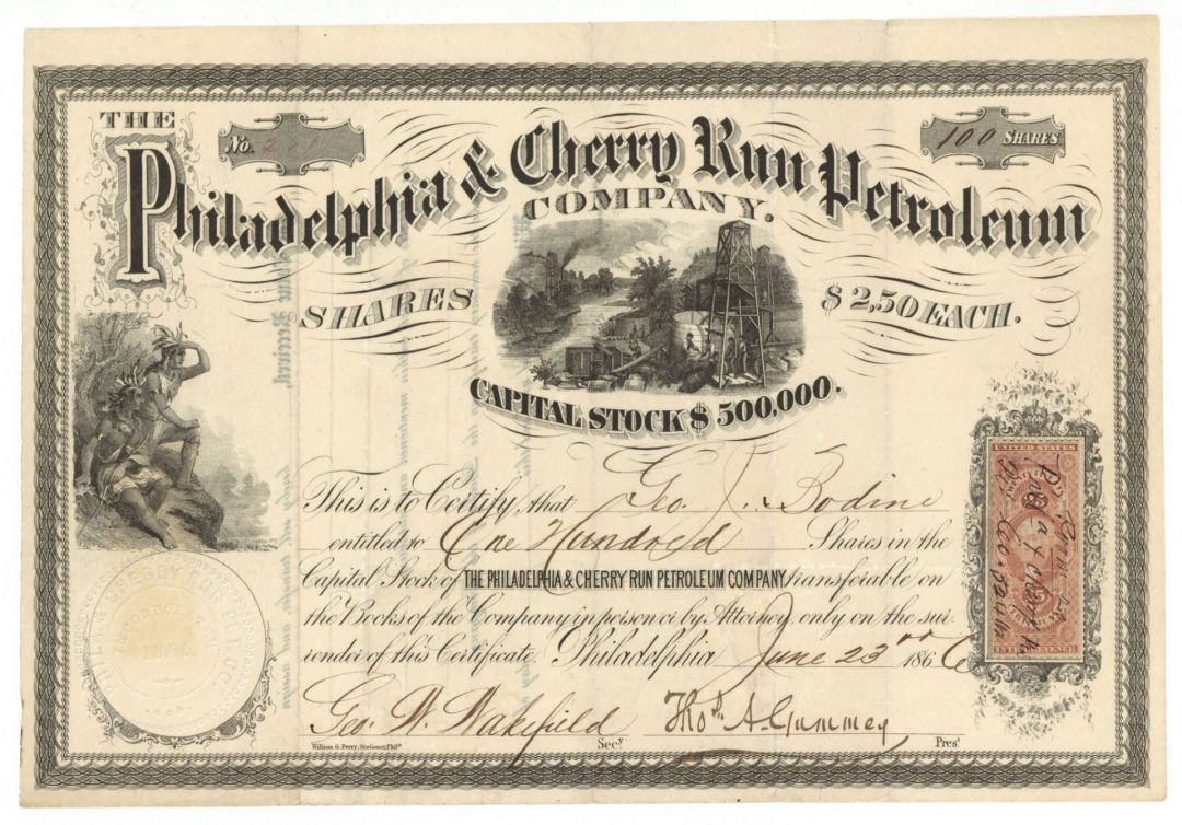 Philadelphia and Cherry Run Petroleum Co. - 1866 dated Stock Certificate