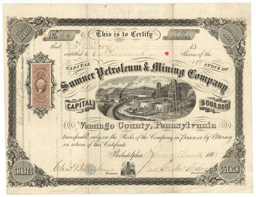 Summer Petroleum and Mining Co. - 1865 dated Pennsylvania Oil Stock Certificate