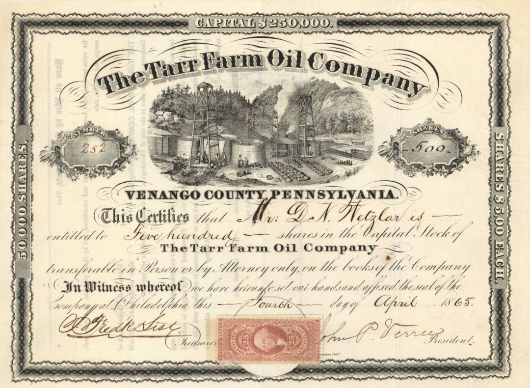 Tarr Farm Oil Co. - 1865 dated Stock Certificate