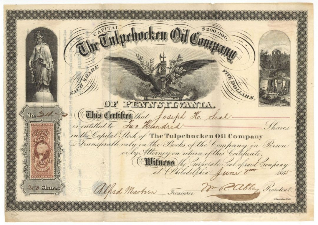 Tulpehocken Oil Co. - 1865 dated Stock Certificate