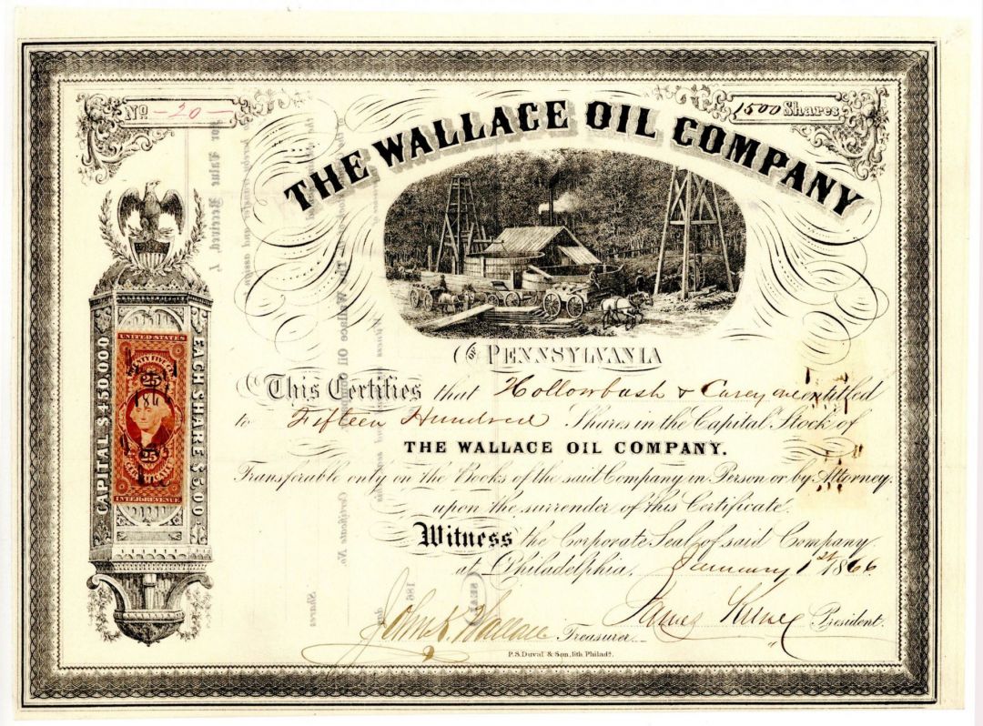 Wallace Oil Co. - 1866 dated Pennsylvania Stock Certificate