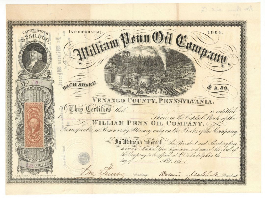 William Penn Oil Co. - 1864 dated Stock Certificate