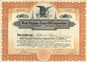 West Virginia-Texas Oil Corp. - 1919 dated Stock Certificate