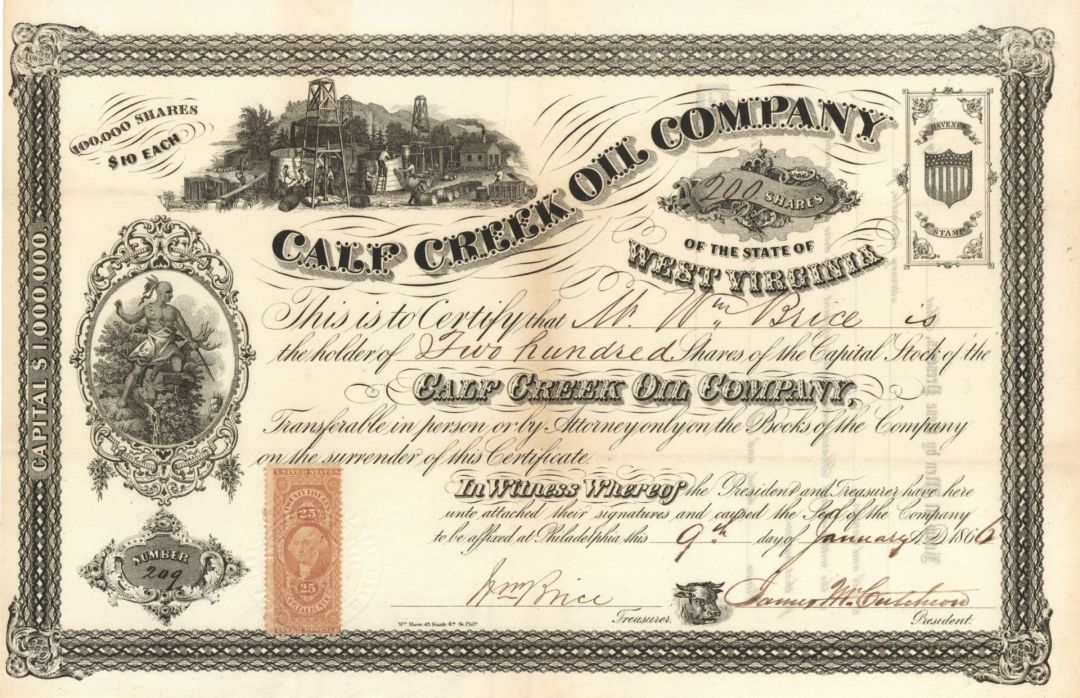 Calf Creek Oil Co. - 1866 dated Stock Certificate