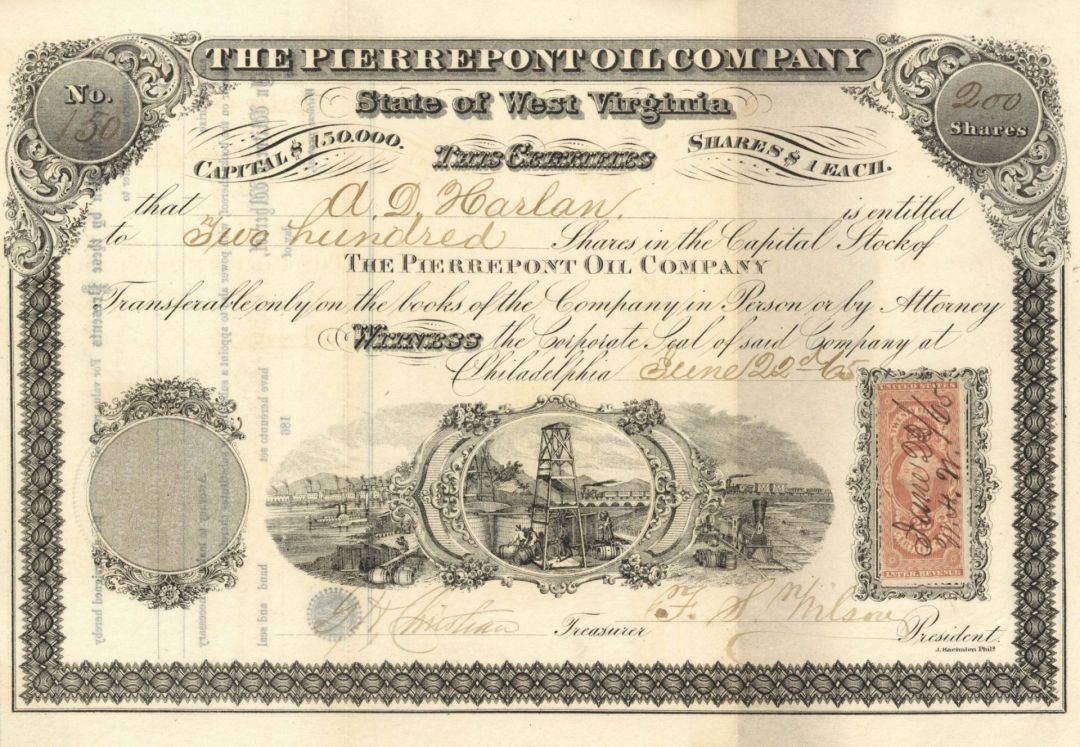 Pierrepont Oil Co. - 1865 dated Stock Certificate