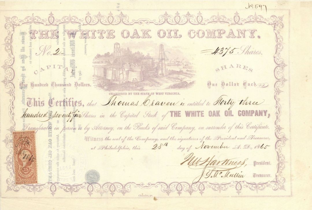 White Oak Oil Co. - 1865 dated Stock Certificate