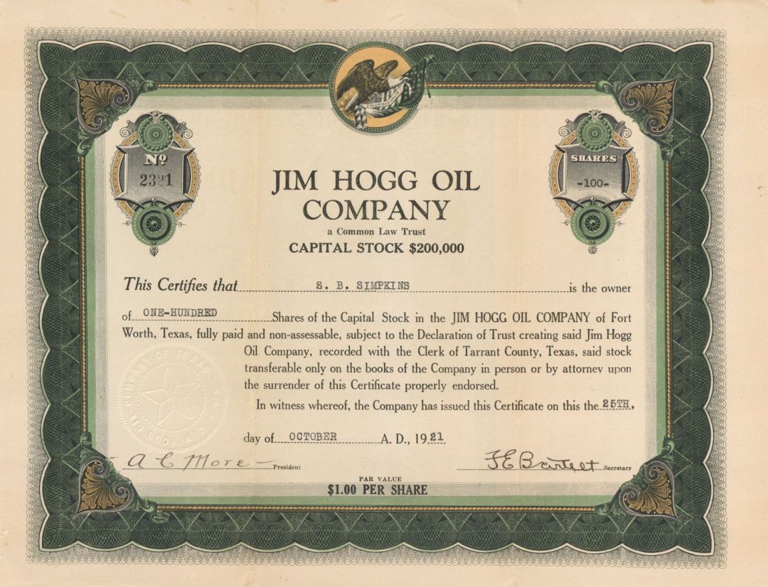 Jim Hogg Oil Co. - Stock Certificate