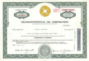 Transcontinental Oil Corp. - 1971-85 dated Stock Certificate - Connections with Ohio Oil and Marathon Petroleum