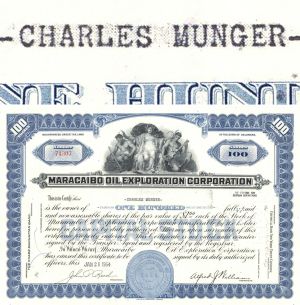 Charlie Munger - Charles Thomas Munger issued to Maracaibo Oil Exploration Corp. - 1964 dated Extremely Rare Oil Stock Certificate