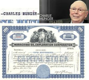 Charles "Charlie" Munger issued to Maracaibo Oil Exploration Corp. dated 1964 - Newly Discovered - Extremely Rare Oil Stock Certificate