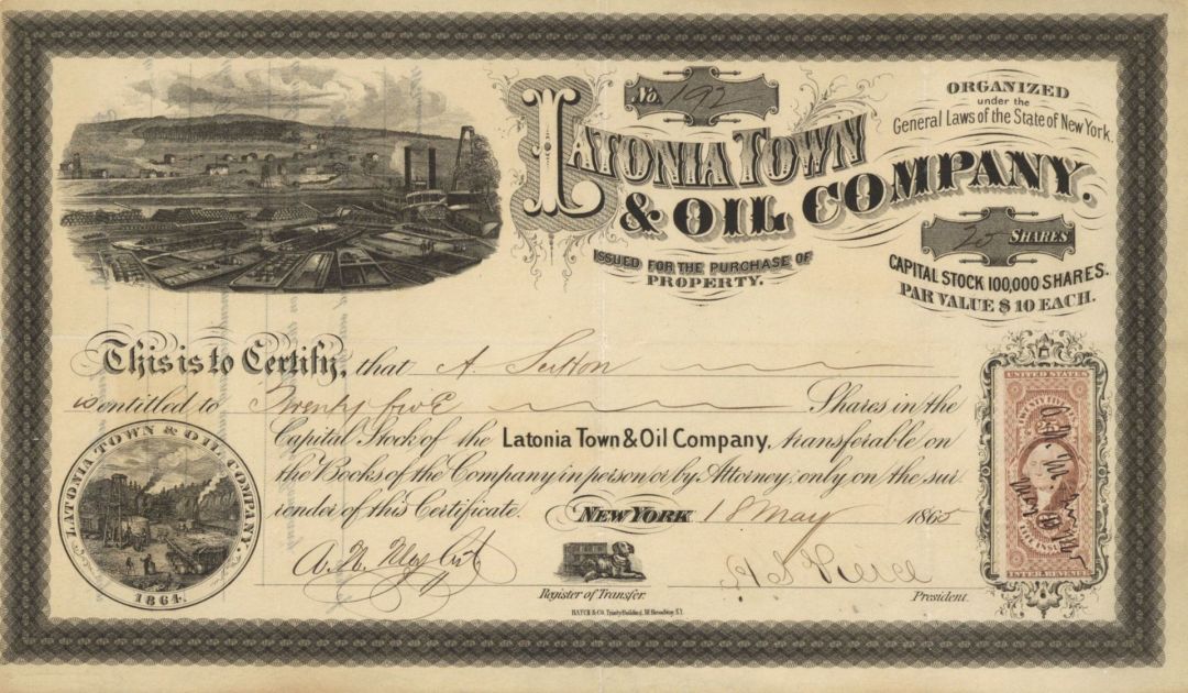 Latonia Town and Oil Co. - 1865 dated Stock Certificate