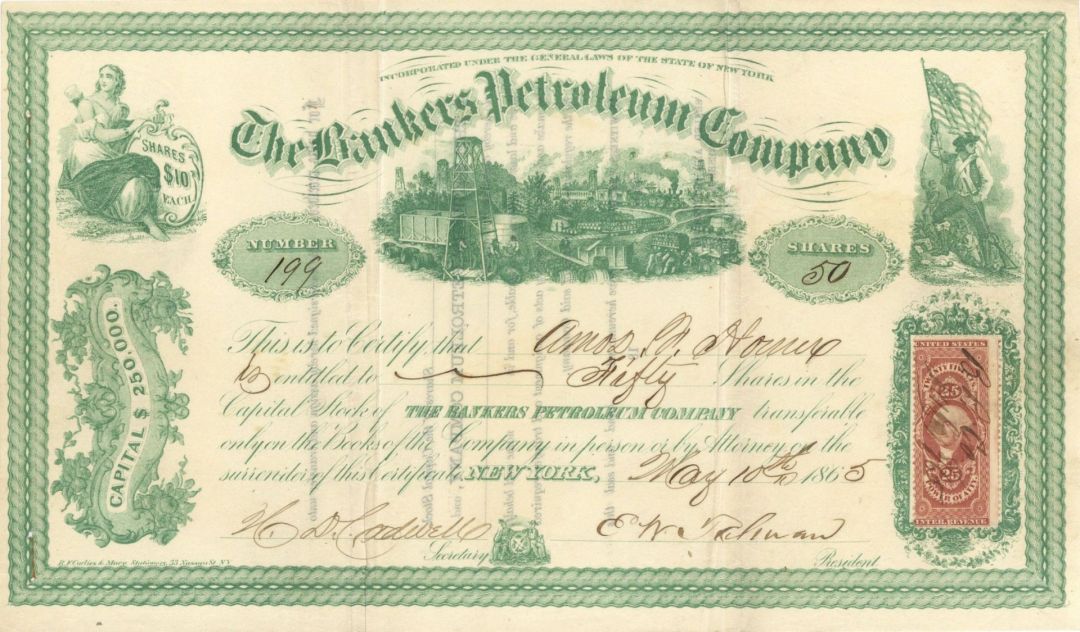 Bankers Petroleum Co. - 1865 dated New York Oil Stock Certificate (Uncanceled)