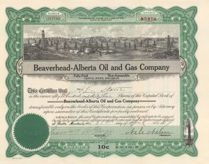 Beaverhead-Alberta Oil and Gas Co. - 1927 dated Stock Certificate (Uncanceled)