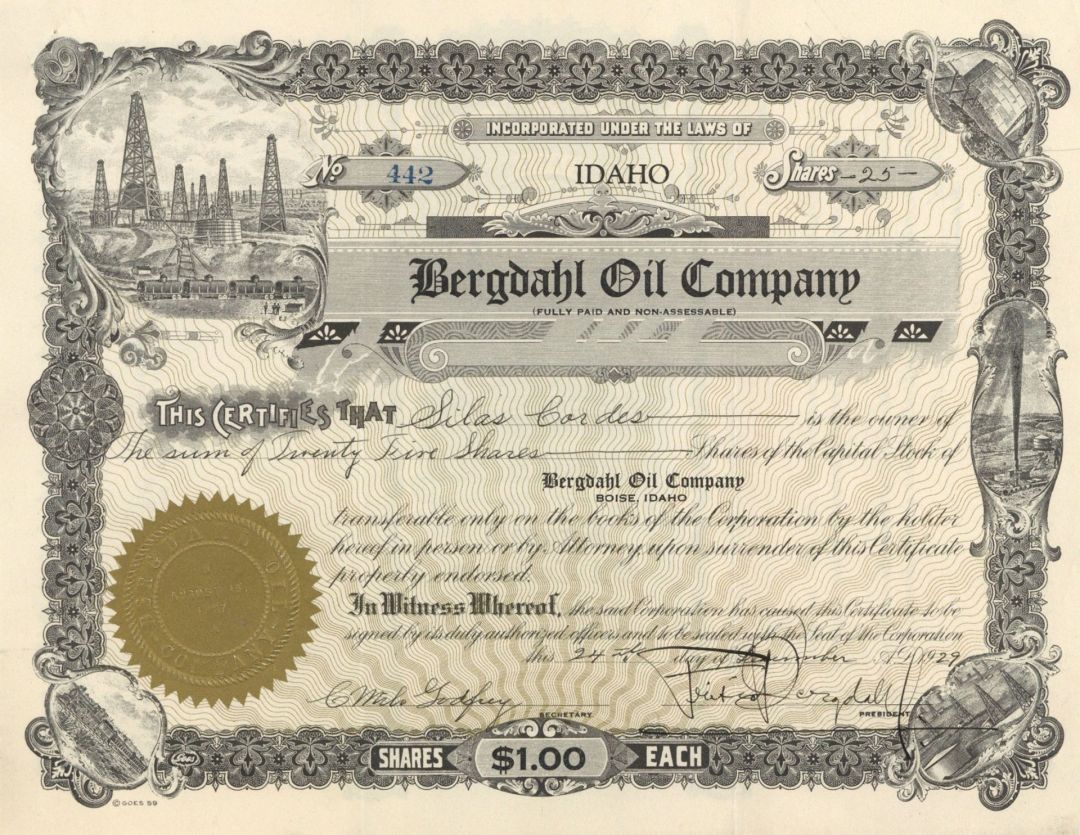 Bergdahl Oil Co. - 1927 dated Stock Certificate (Uncanceled)