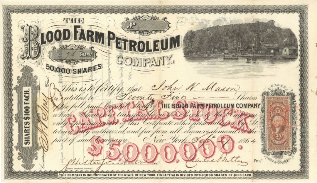 Blood Farm Petroleum Co. - 1864 dated Stock Certificate (Uncanceled)