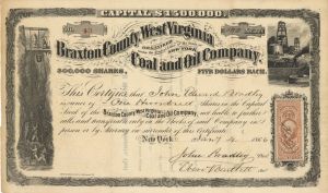 Braxton County, West Virginia Coal and Oil Co. - 1866 dated Stock Certificate (Uncanceled)