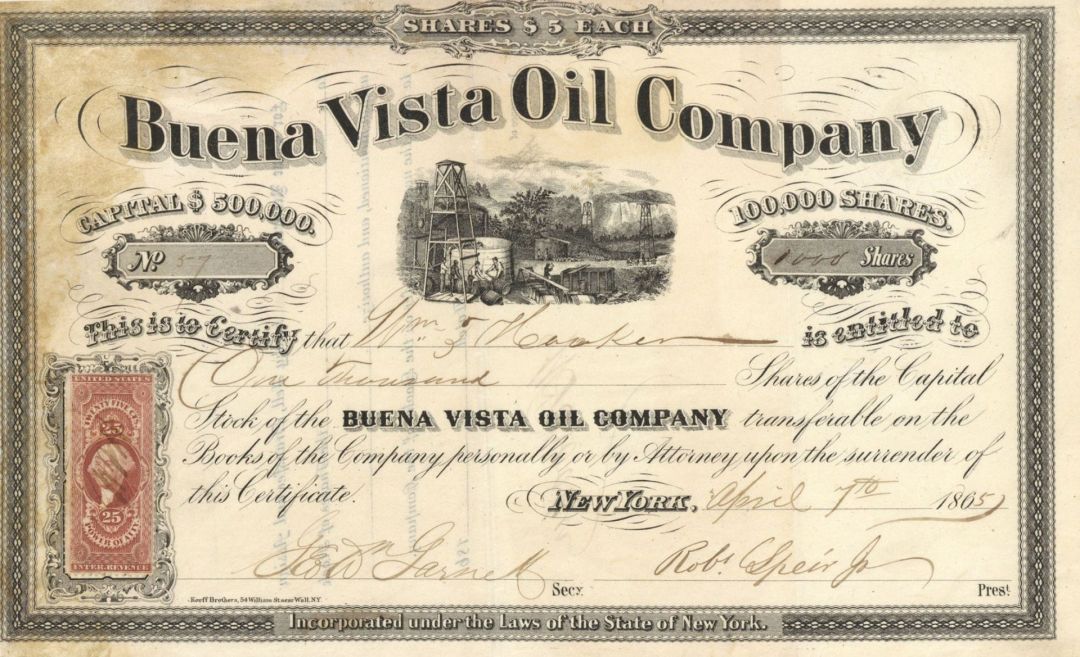 Buena Vista Oil Co. - 1865 dated Stock Certificate (Uncanceled)