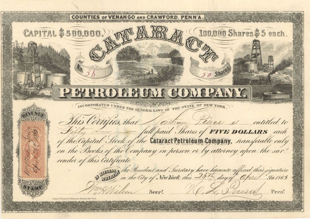 Cataract Petroleum Co. - 1865 dated Stock Certificate (Uncanceled)