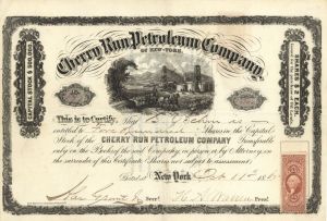 Cherry Run Petroleum Co. of New York - 1865 dated Stock Certificate (Uncanceled)