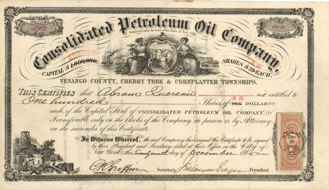 Consolidated Petroleum Oil Co. - 1865 dated Stock Certificate (Uncanceled)