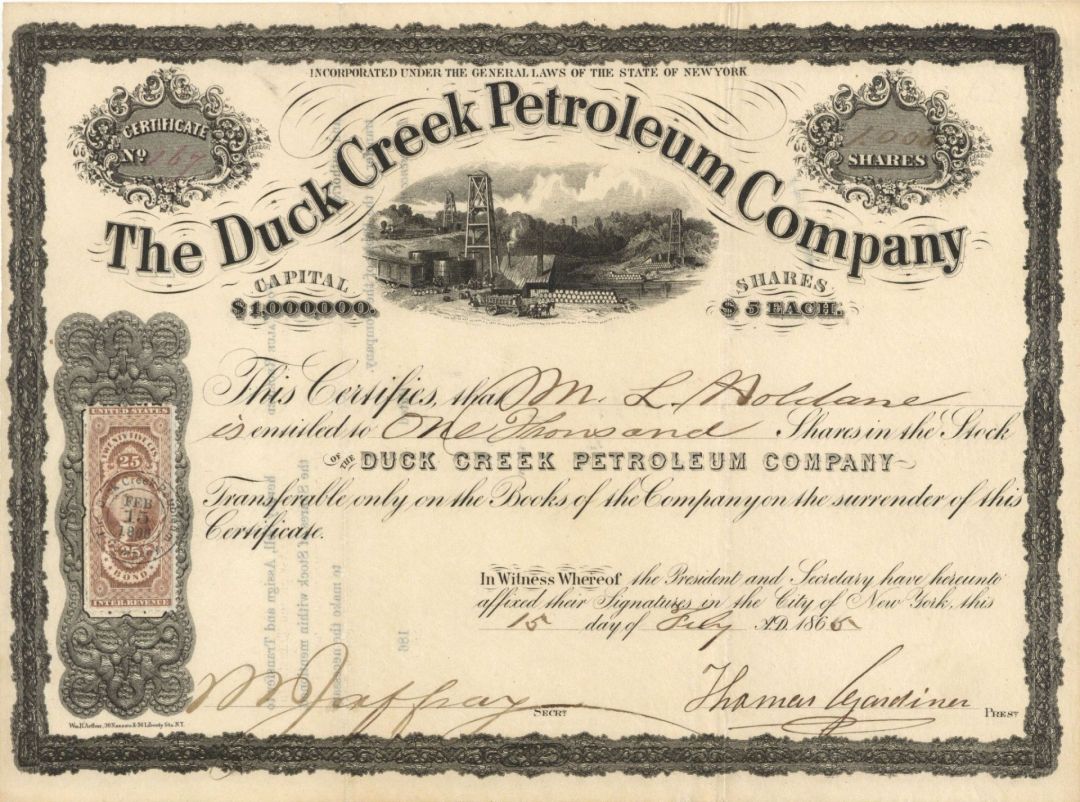 Duck Creek Petroleum Co. - 1865 dated Stock Certificate (Uncanceled)