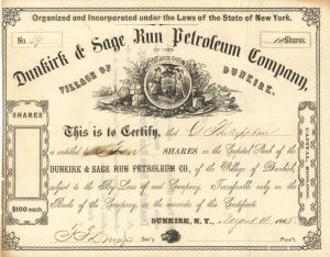 Dunkirk and Sage Run Petroleum Co. - 1865 dated Stock Certificate (Uncanceled)