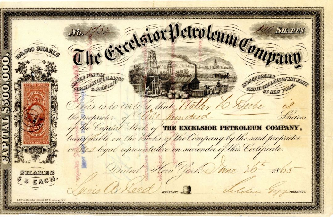 Excelsior Petroleum Co. - 1865 dated Stock Certificate (Uncanceled)