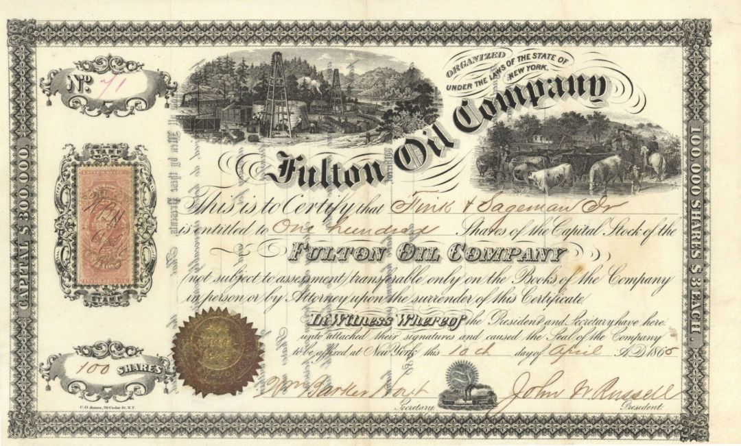 Fulton Oil Co. - 1865 dated Stock Certificate (Uncanceled)