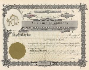 Gas Turbine Co. - Unissued Stock Certificate