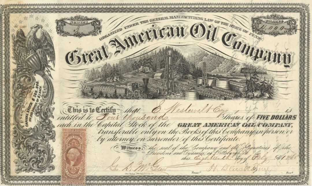 Great American Oil Co. - 1865 dated Stock Certificate (Uncanceled)