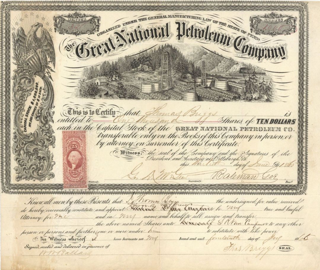 Great National Petroleum Co. - 1865 dated Stock Certificate (Uncanceled)